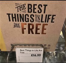 A book titled The Best Things In Life Are Free with a price tag showing sixteen pounds ninety-nine